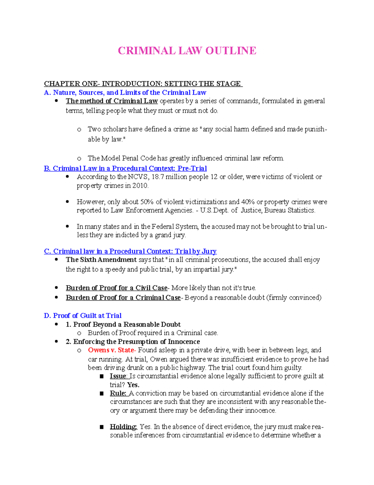 Criminal Law Ch 1 - CRIMINAL LAW OUTLINE CHAPTER ONE- INTRODUCTION ...