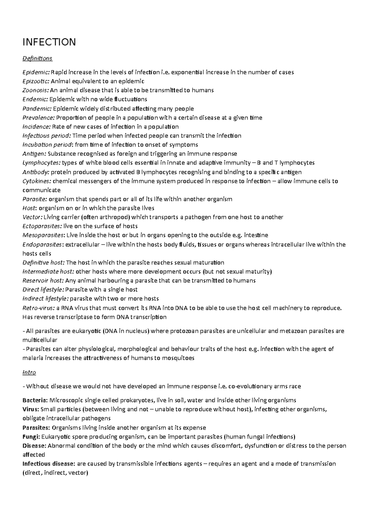 Summary - Lecture Infection - INFECTION Definitions Epidemic: Rapid ...