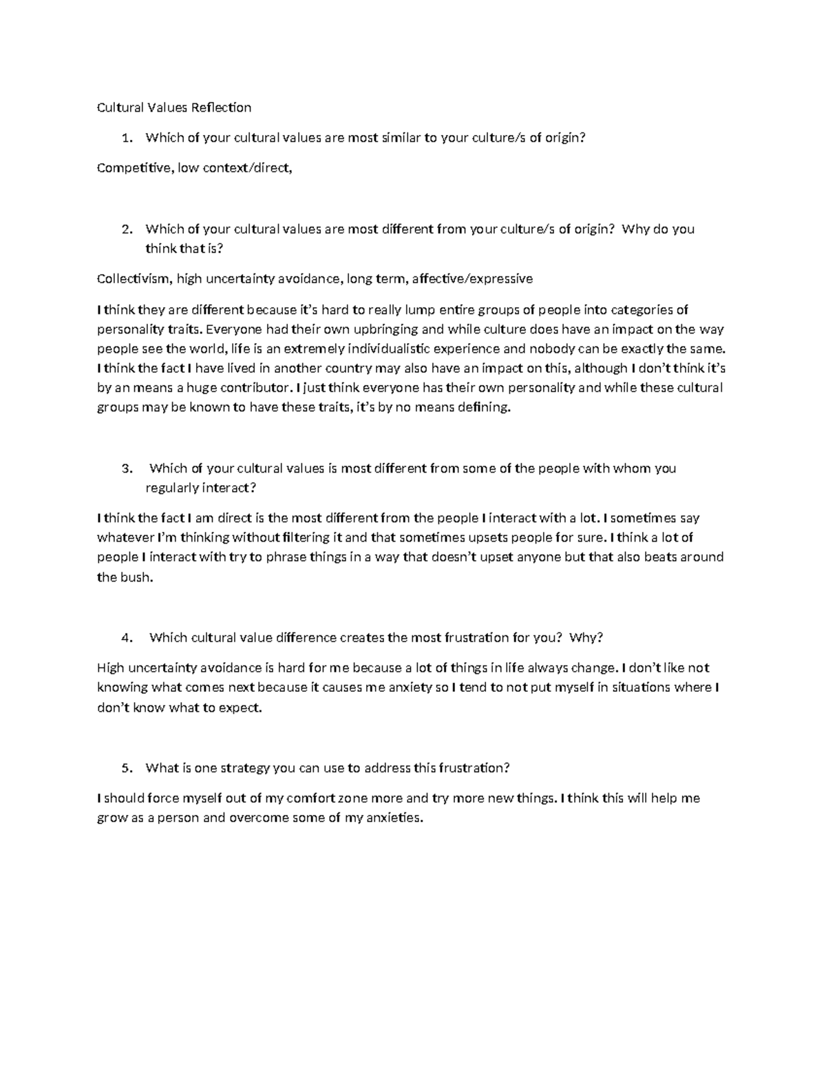 Cultural Values Homework Reflection - Cultural Values Reflection 1 ...