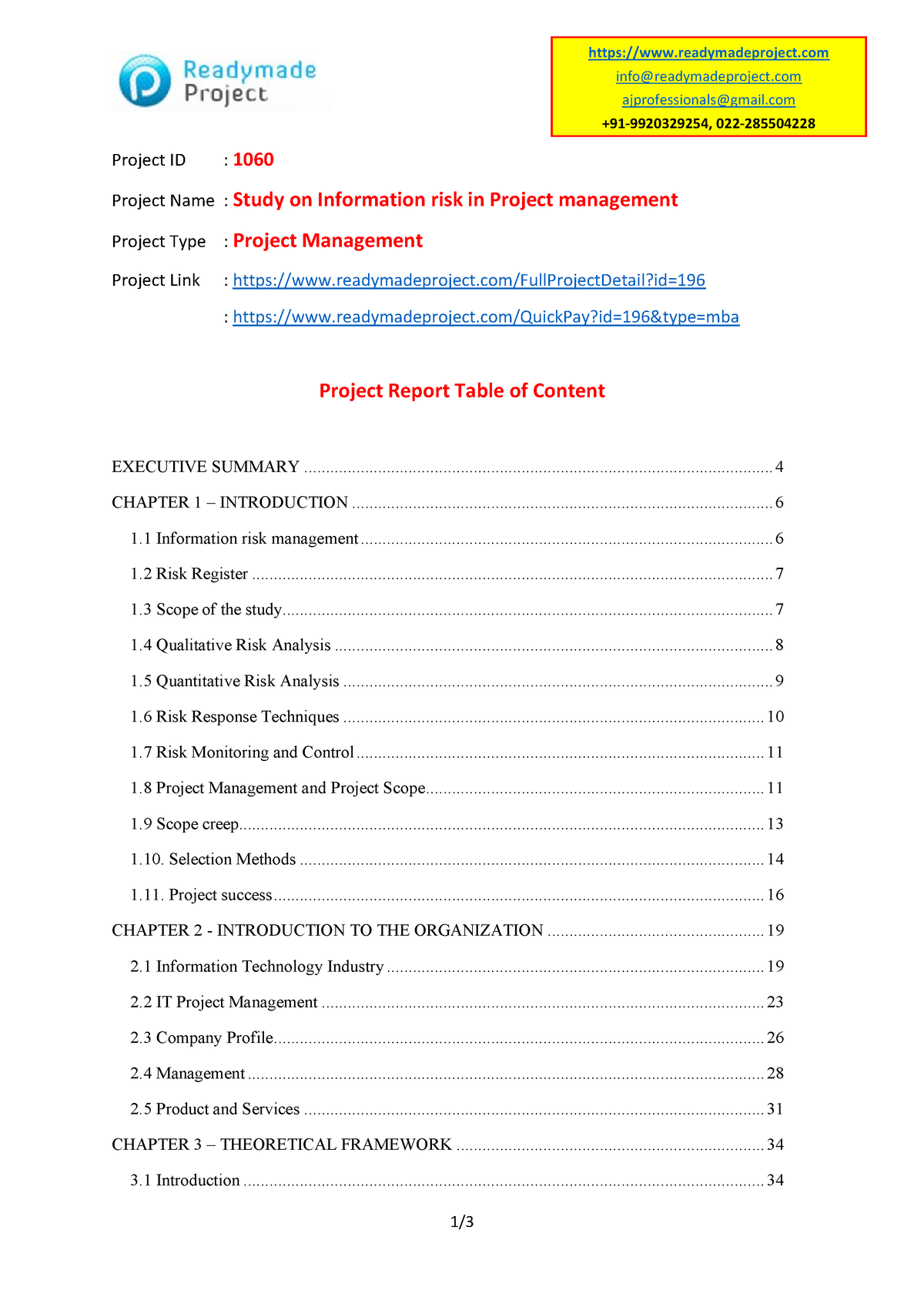 6375847803835796301060 MBA Project TOC - Project Name : Study on ...