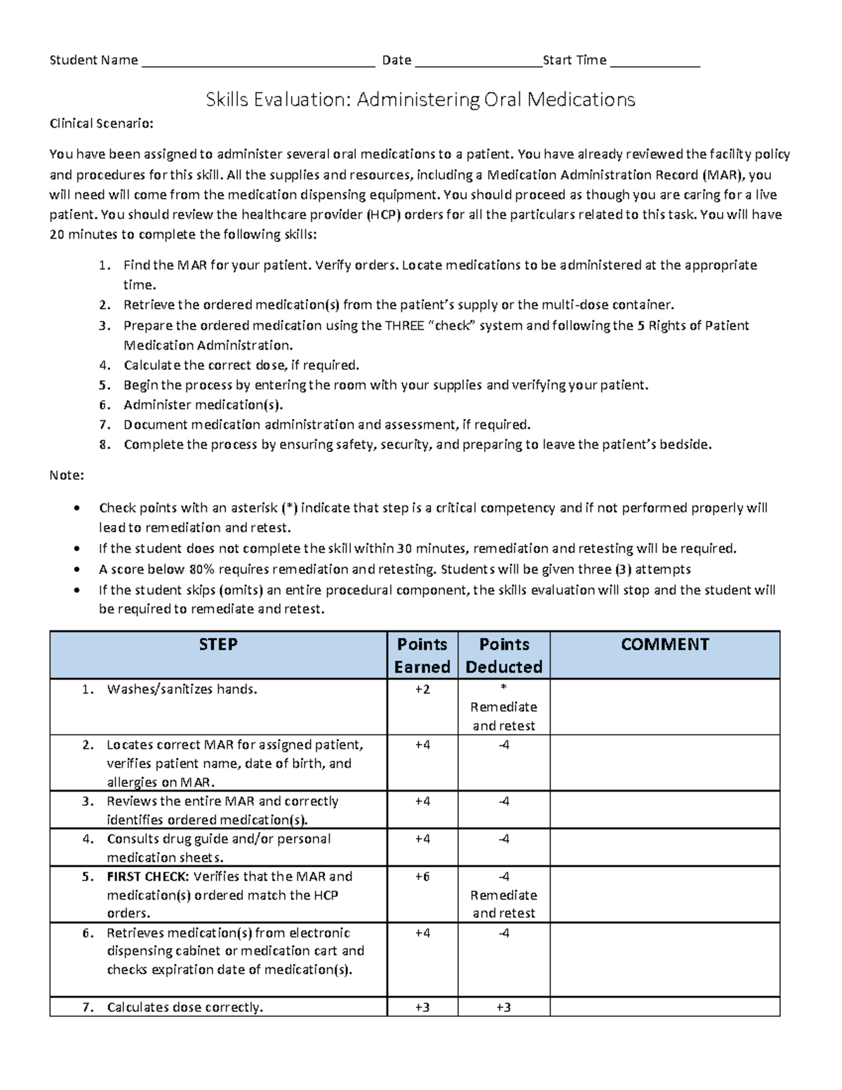 Administering PO Meds 110620 Skills Evaluation Administering Oral