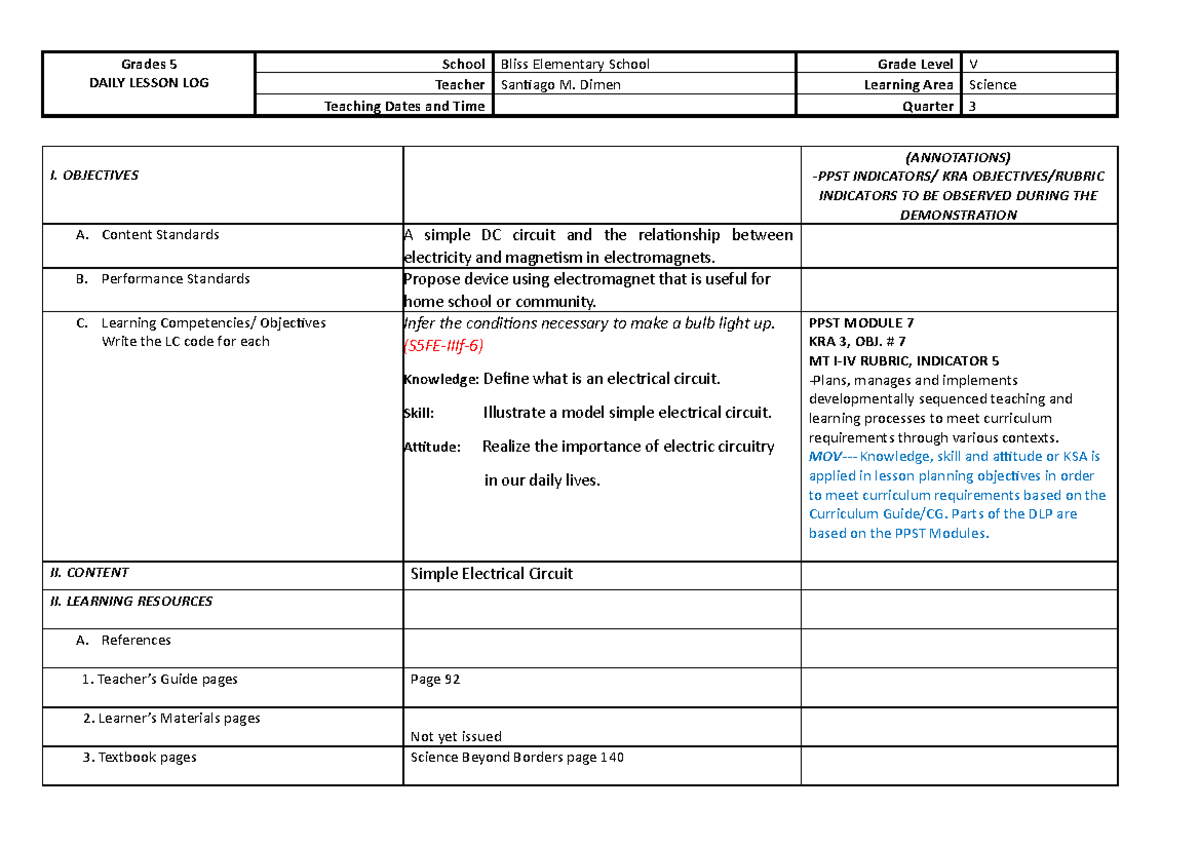 Electricity - Lesson Plan Grade 5 Science - Grades 5 DAILY LESSON LOG ...