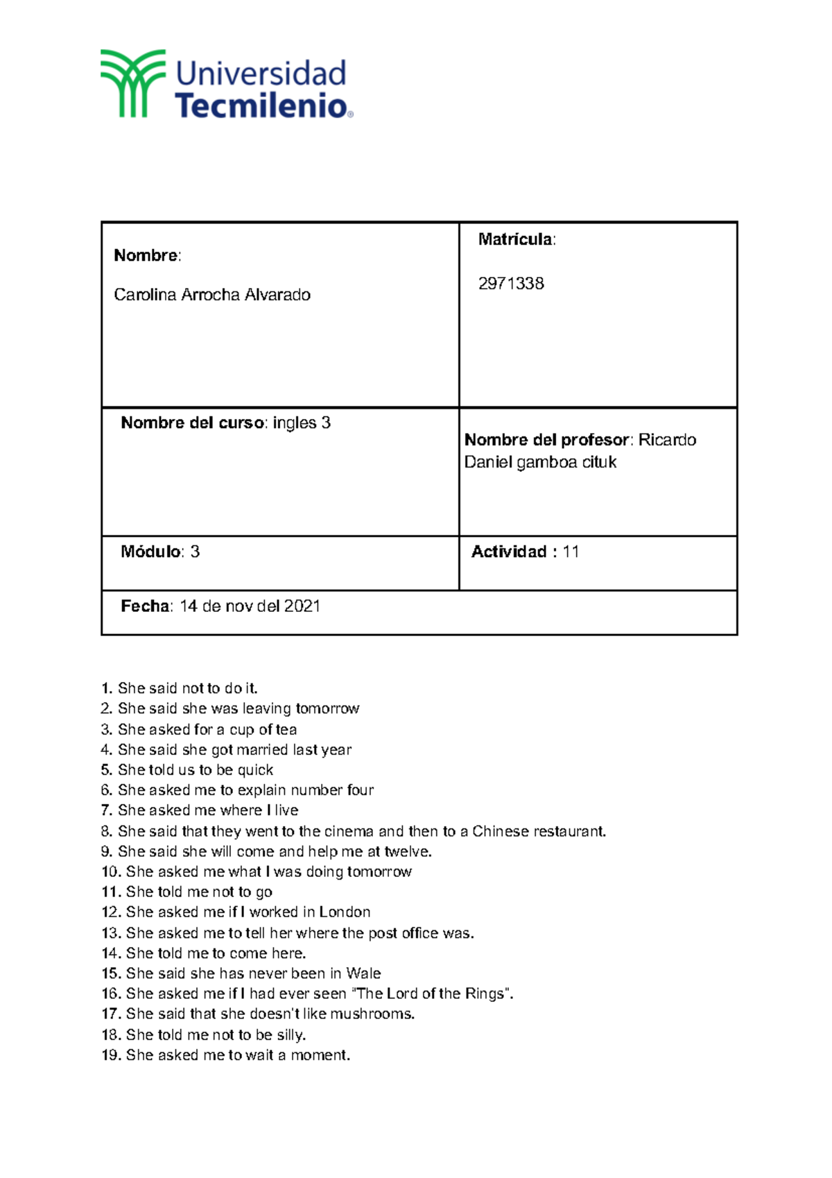Actividad 11 English - Apuntes 3 - Ingles Avanzado - TecMilenio - Studocu