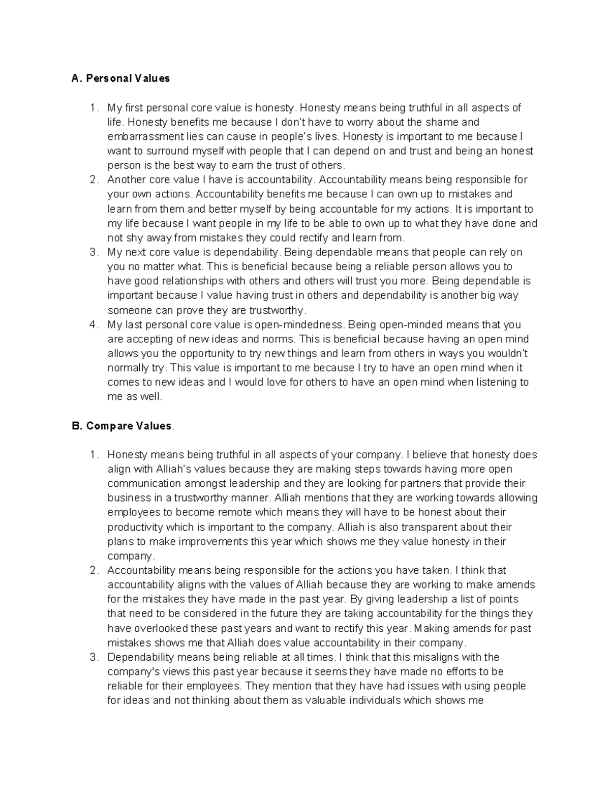 D082 Task 2 - Aliyah Miles - A. Personal Values 1. My first personal ...