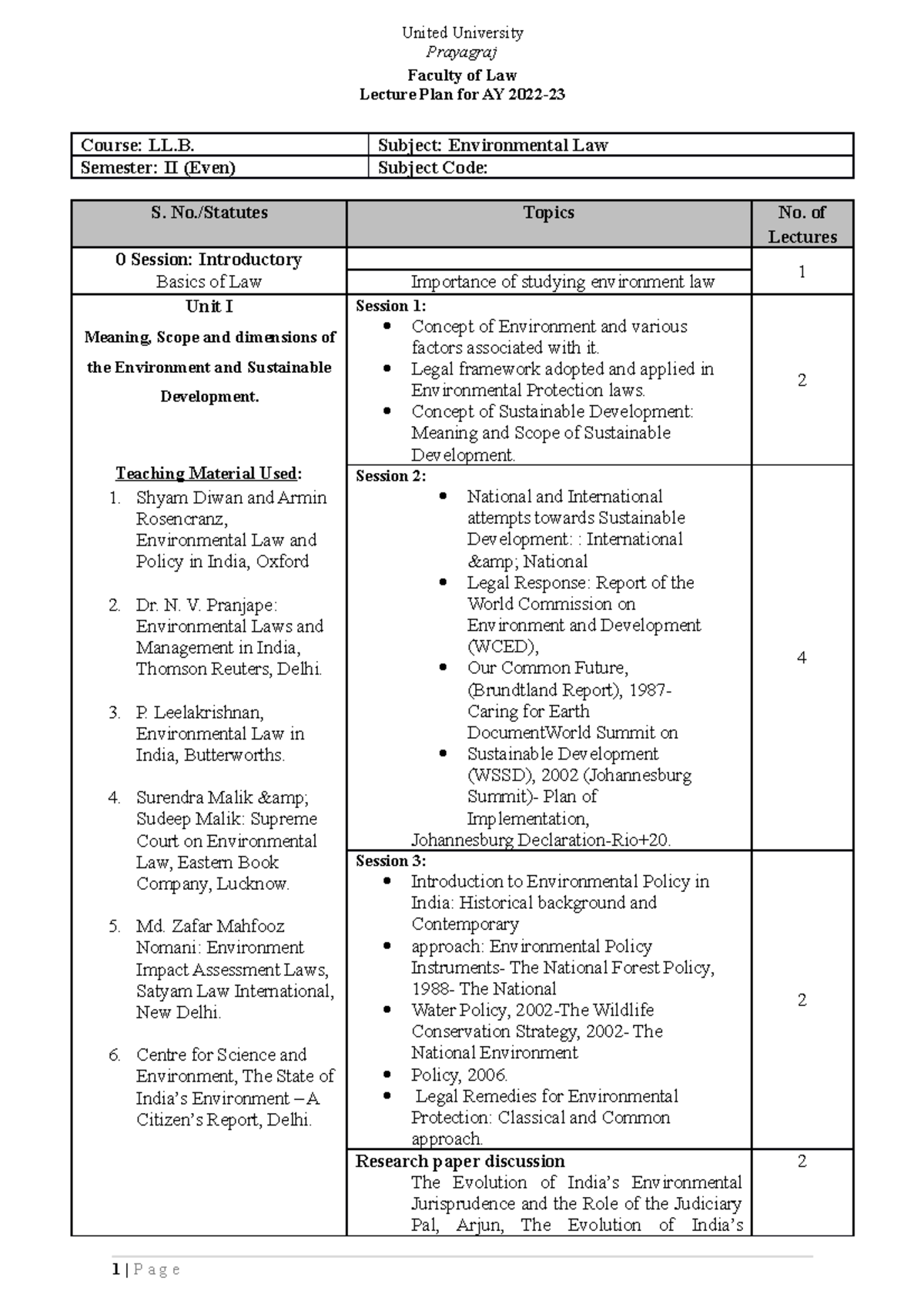 Environmental Law Dsadda Prayagraj Faculty Of Law Lecture Plan For