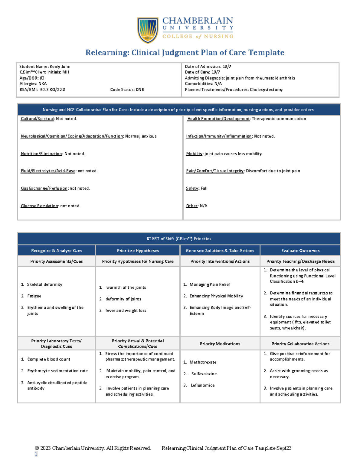 NR226 Plan Of Care 3 - Course Work - © 2023 Chamberlain University. All ...