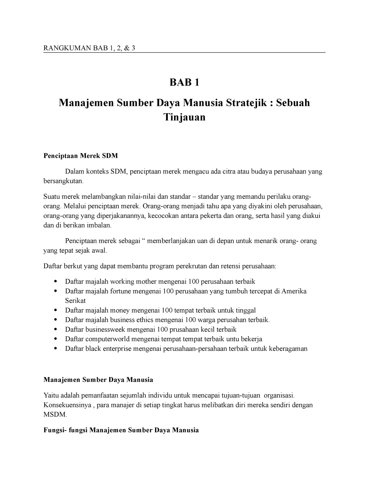 Tugas MSDM Rangkuman BAB 1,2,3 - RANGKUMAN BAB 1, 2, & 3 BAB 1 ...