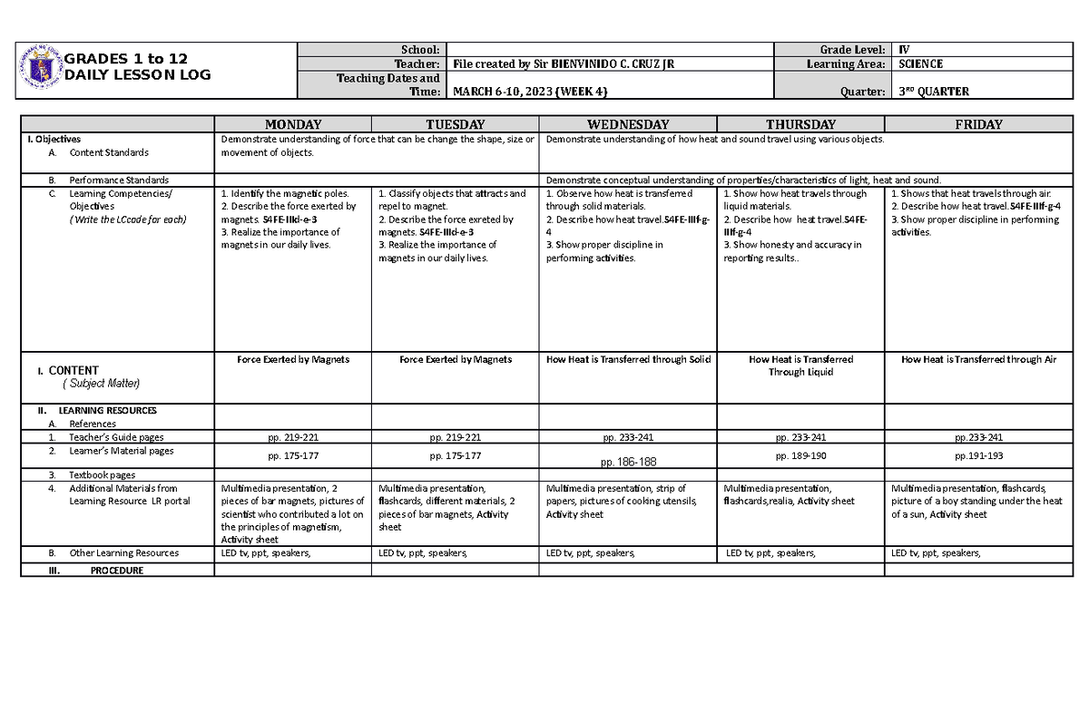DLL Science 4 Q3 W4 - sample - GRADES 1 to 12 DAILY LESSON LOG School ...