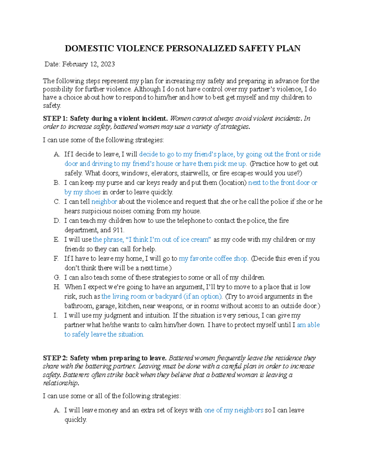 BHS440 Safety Plan Assignment - DOMESTIC VIOLENCE PERSONALIZED SAFETY ...