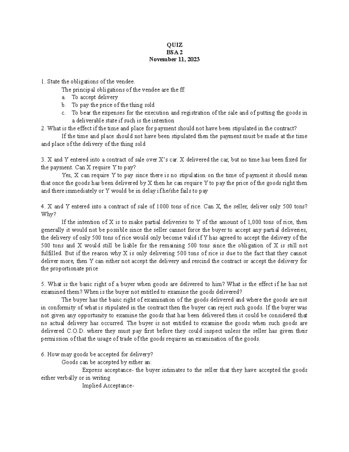 law on sales notes QUIZ BSA 2 November 11, 2023 State the obligations