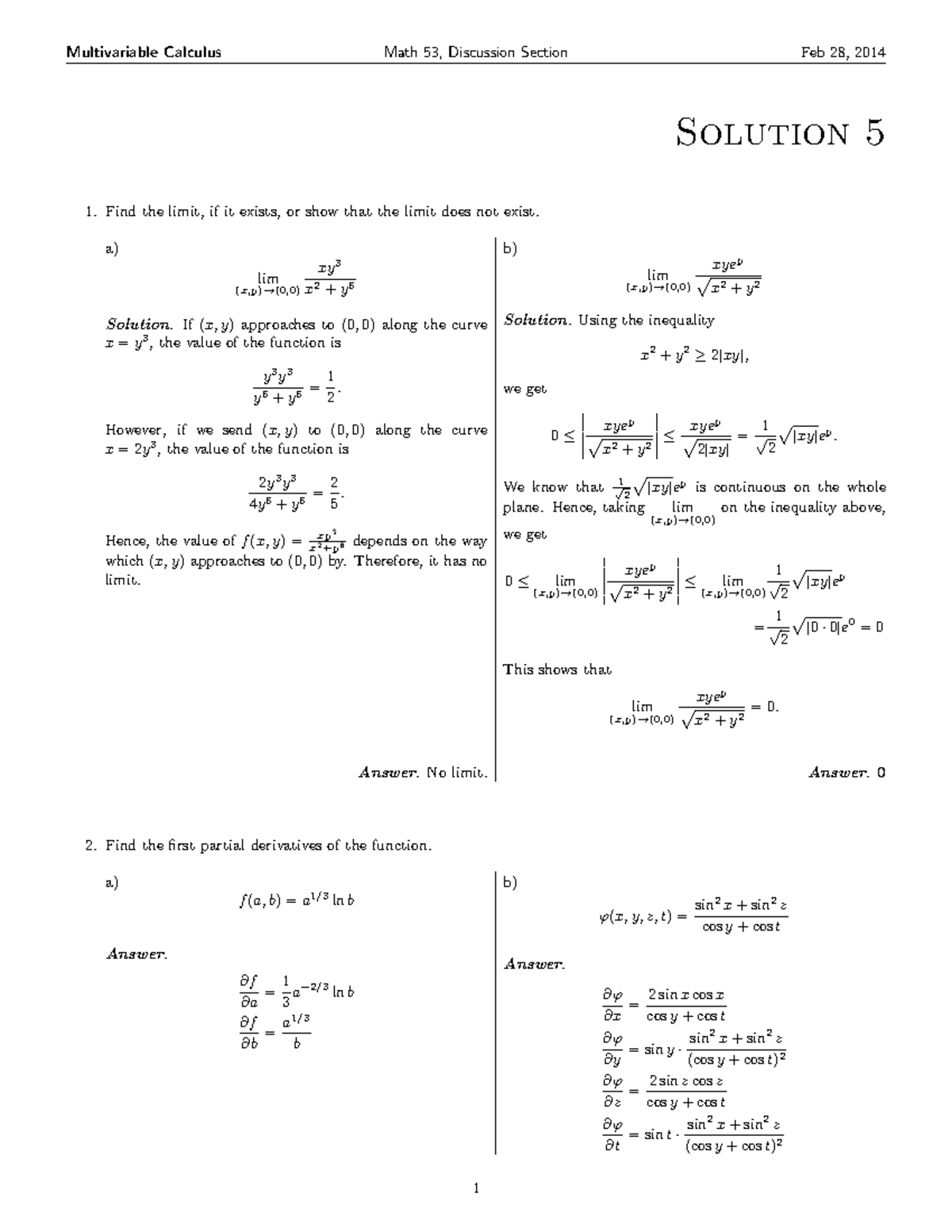 Feb28(Solution) - Pdf - Multivariable Calculus Math 53, Discussion ...
