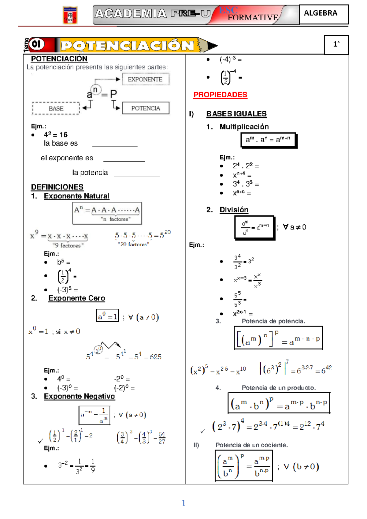 Potenciación Recup 1° 2024 - TENCIACIÓN 1 ESC FORMATIVE ALGEBRA ...