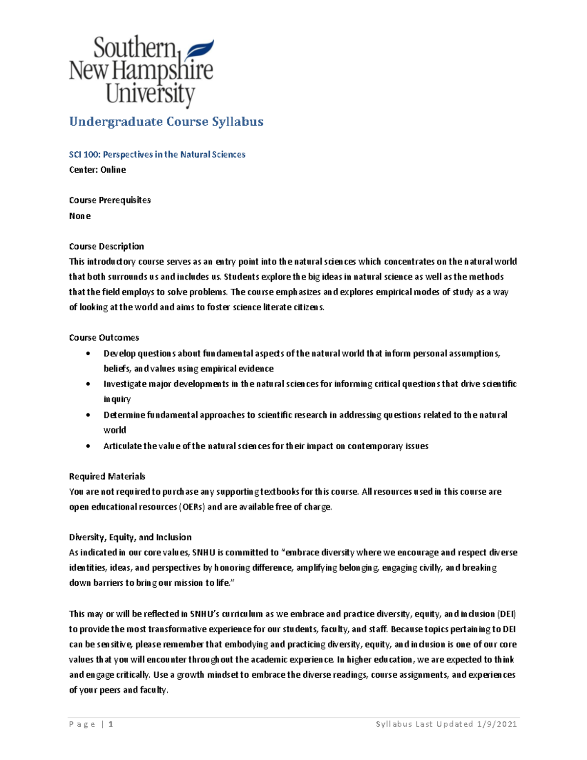 SCI 100 Perspectives of Natural Science Syllabus - Undergraduate Course ...