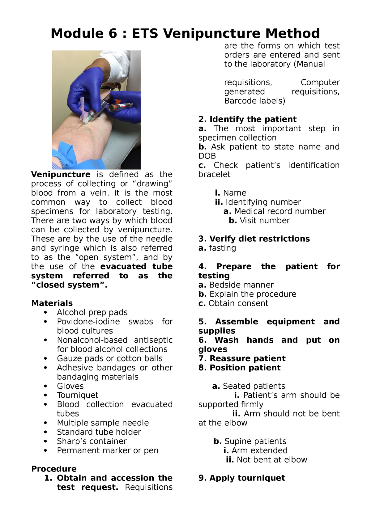 PMTP LAB Canvas Notes Finals Module ETS Venipuncture Method Venipuncture Is Defined As