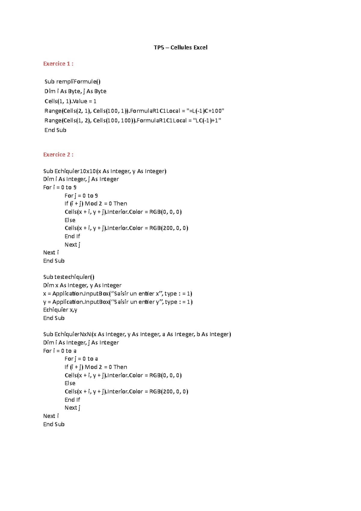 TP5 – Cellules Excel - Voici les corrigés du TP 5 d'informatique VBA ...