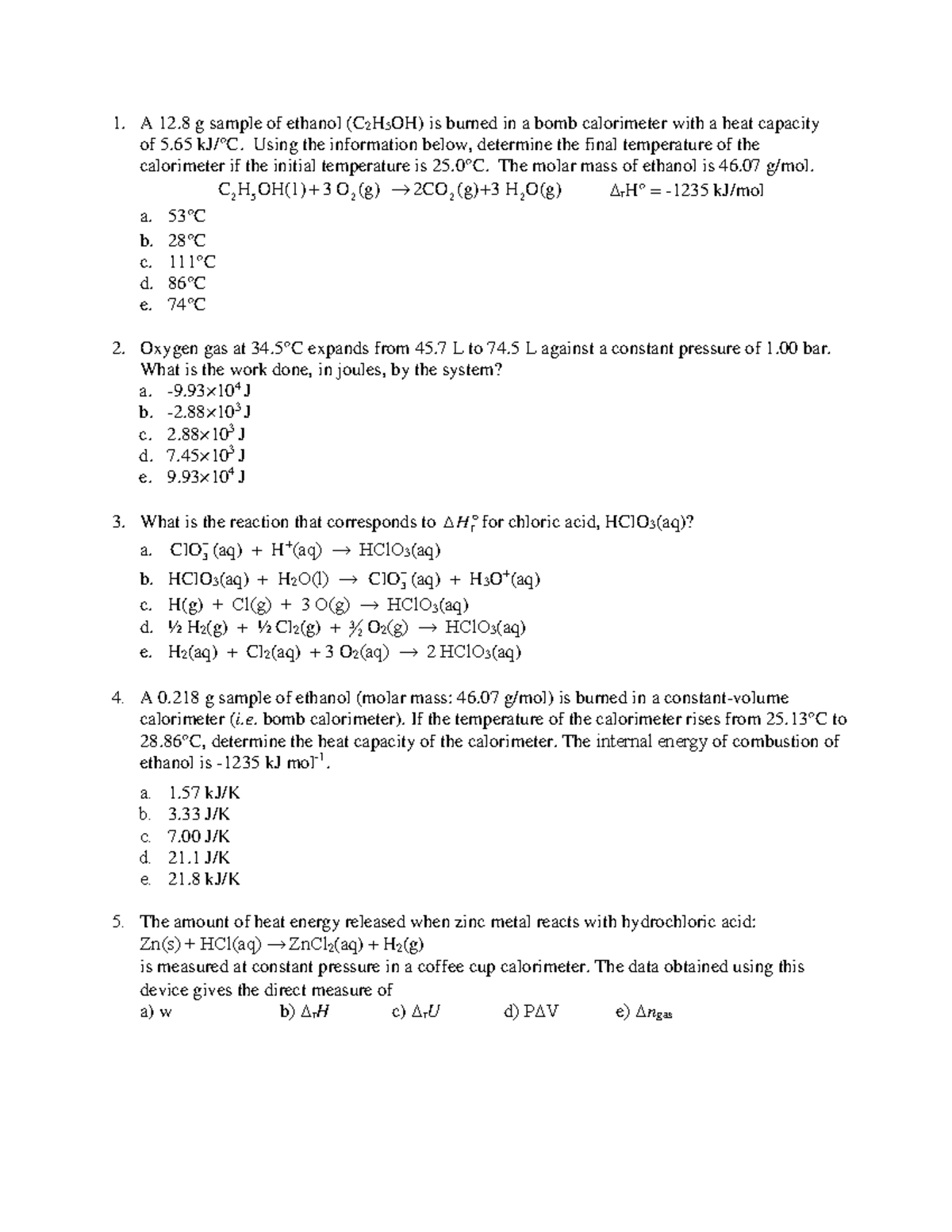 Pratice Questions Chapter 6 - A 12 g sample of ethanol (C 2 H 5 OH) is ...