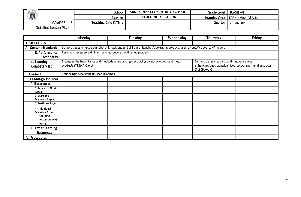 Dlp tle ia week 1 - GRADES 6 Detailed Lesson Plan School SAN ISIDRO ...