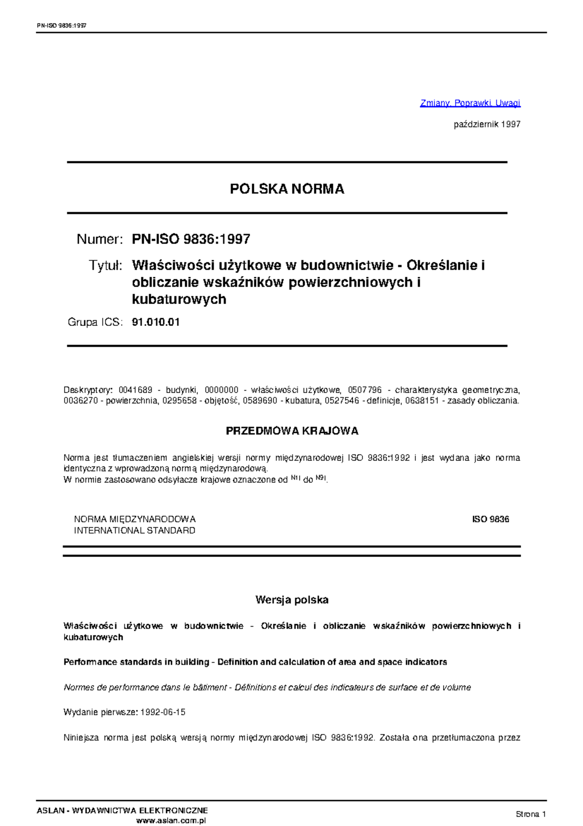 PN ISO 9836 1997 - Zmiany, Poprawki, Uwagi Październik 1997 POLSKA ...