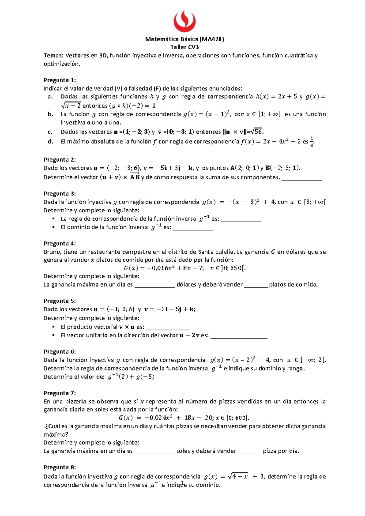 Taller CV3 - 1 Matemática Básica (MA420) Taller CV Temas: Vectores En ...