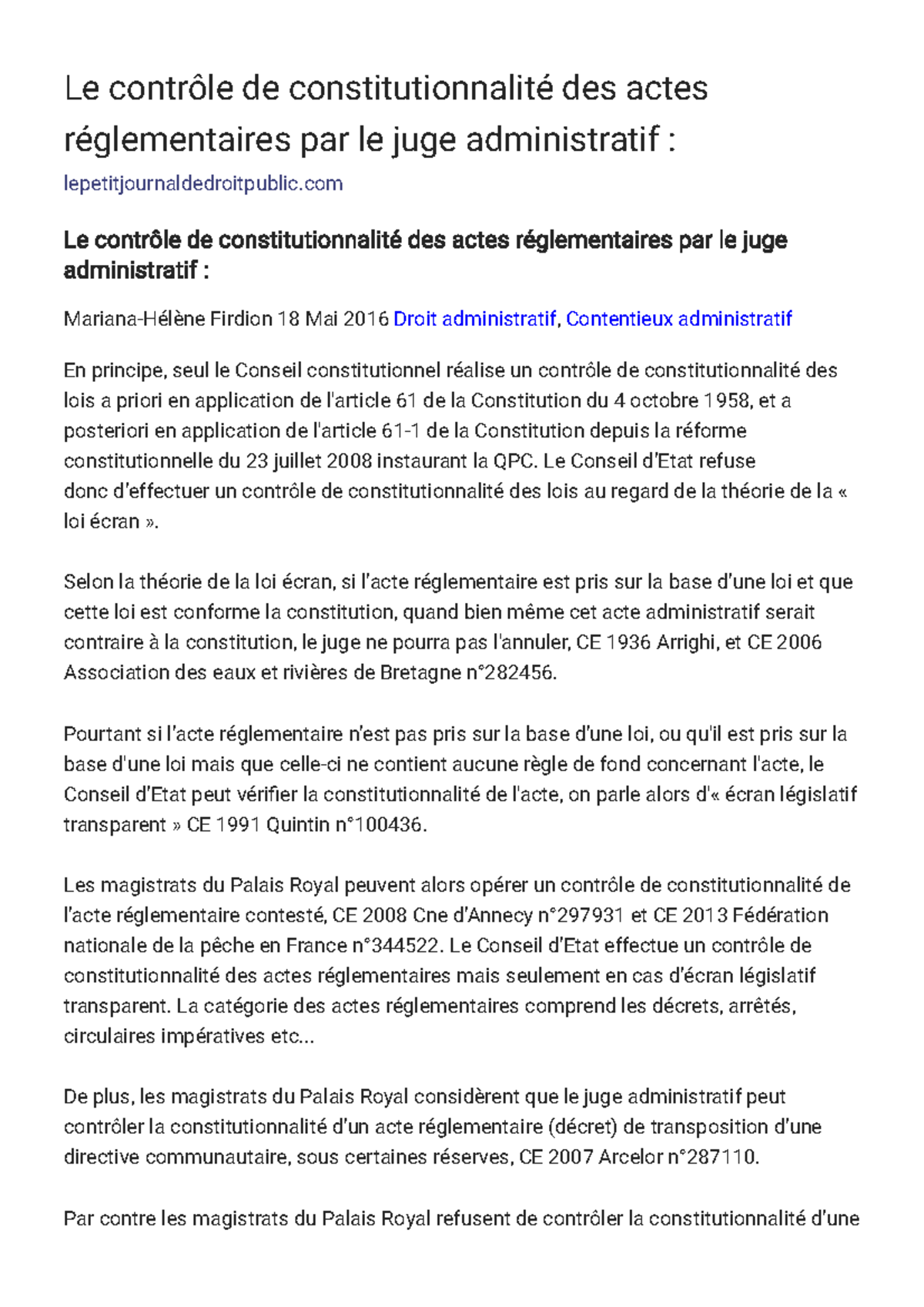 Le contrôle de constitutionnalité des actes réglementaires par le juge ...