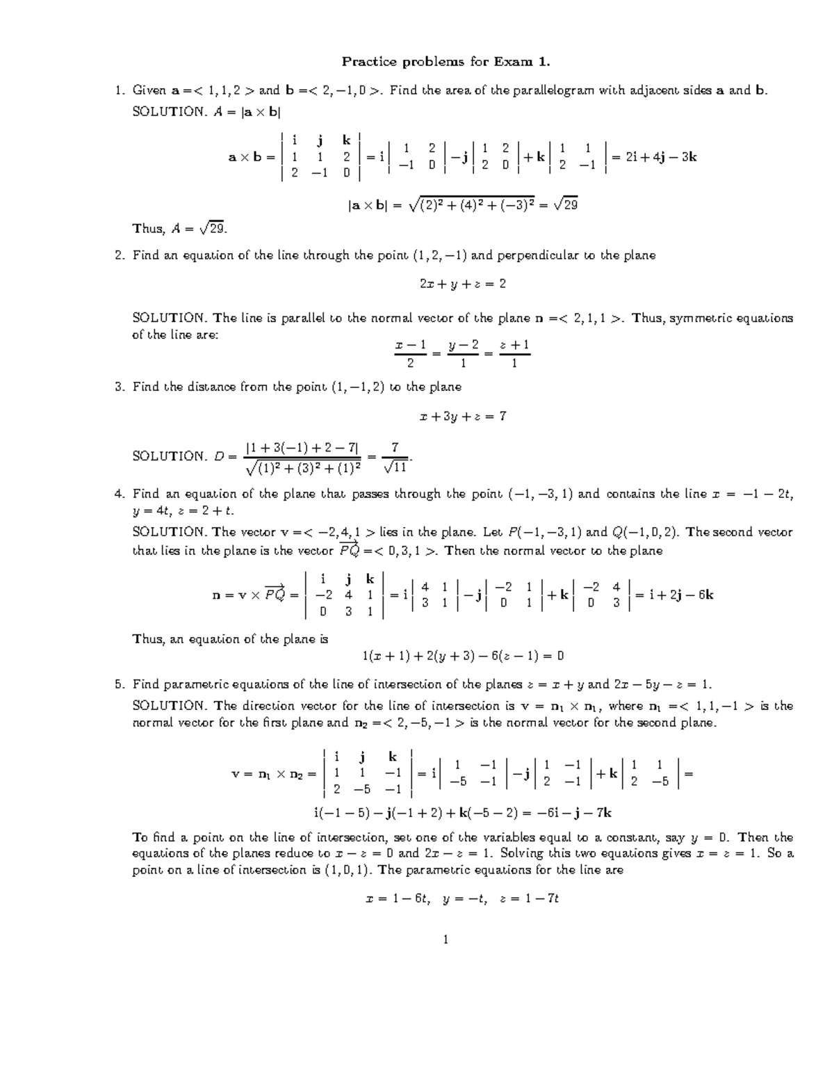 Cal 3 - Exam 1 (Solutions) - Practice problems for Exam 1. 1. Given a 