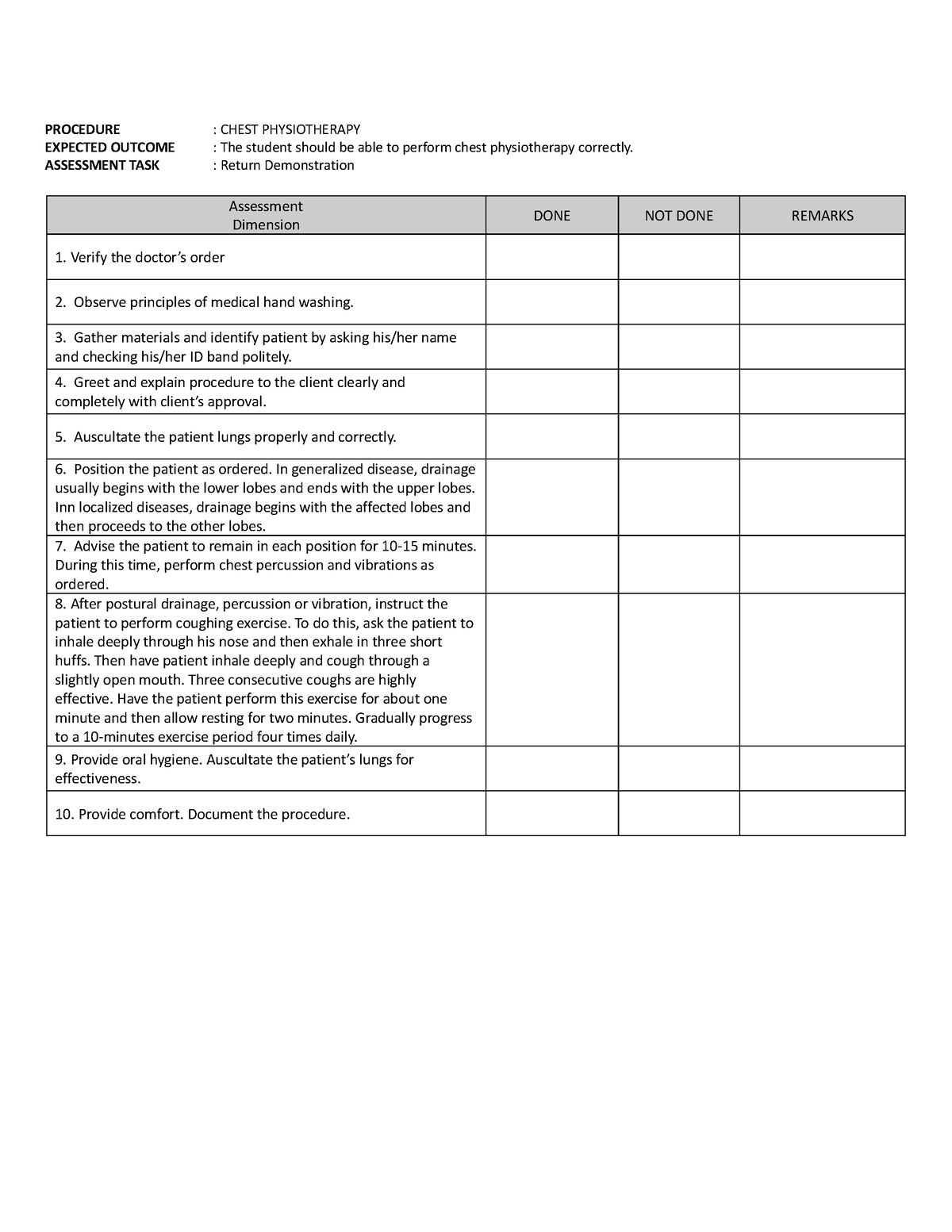 Nursing Nccmb 312 SL Rubrics Chest Physiotherapy - PROCEDURE : CHEST ...