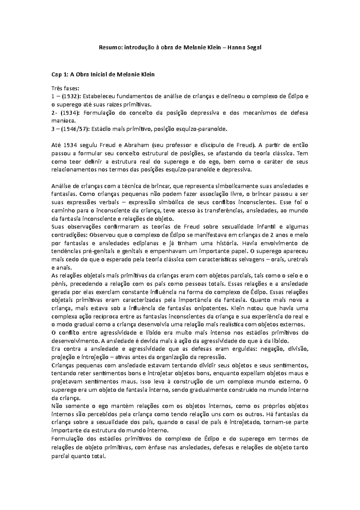 Resumo Introducao A Obra Da Melanie Klein Resumo Obra De Melanie Klein Hanna Segal Cap 1 A Studocu
