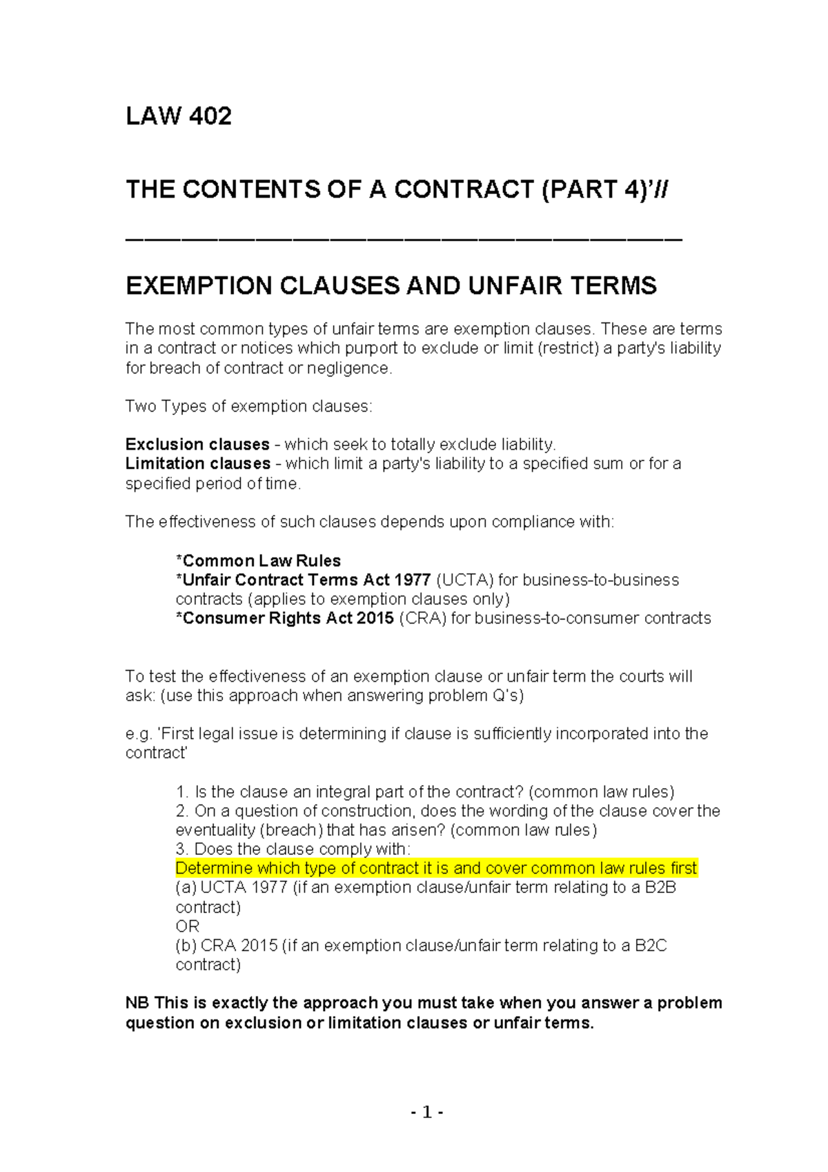 Exemption clauses and unfair terms handout - LAW 402 THE CONTENTS OF A ...
