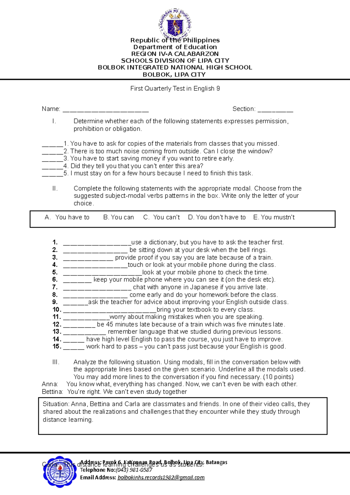 Quarter 1-TEST - Examination - Department of Education REGION IV-A ...