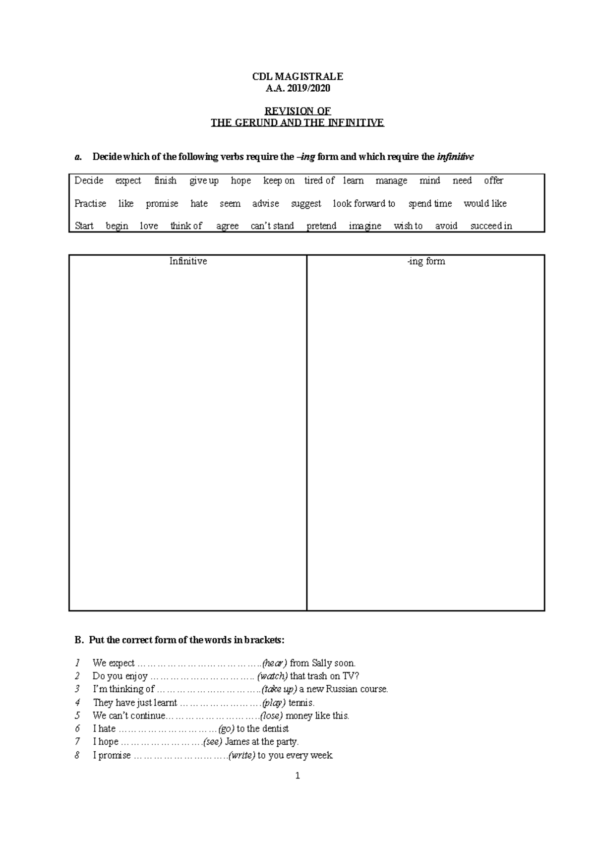 Gerunds And Infinitives - CDL MAGISTRALE A. 2019/ REVISION OF THE ...