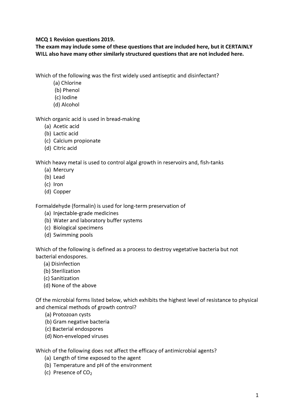 MCQ 1 Bacteriology Revision Questions MCQ1 Spring 2019 - MCQ 1 Revision ...