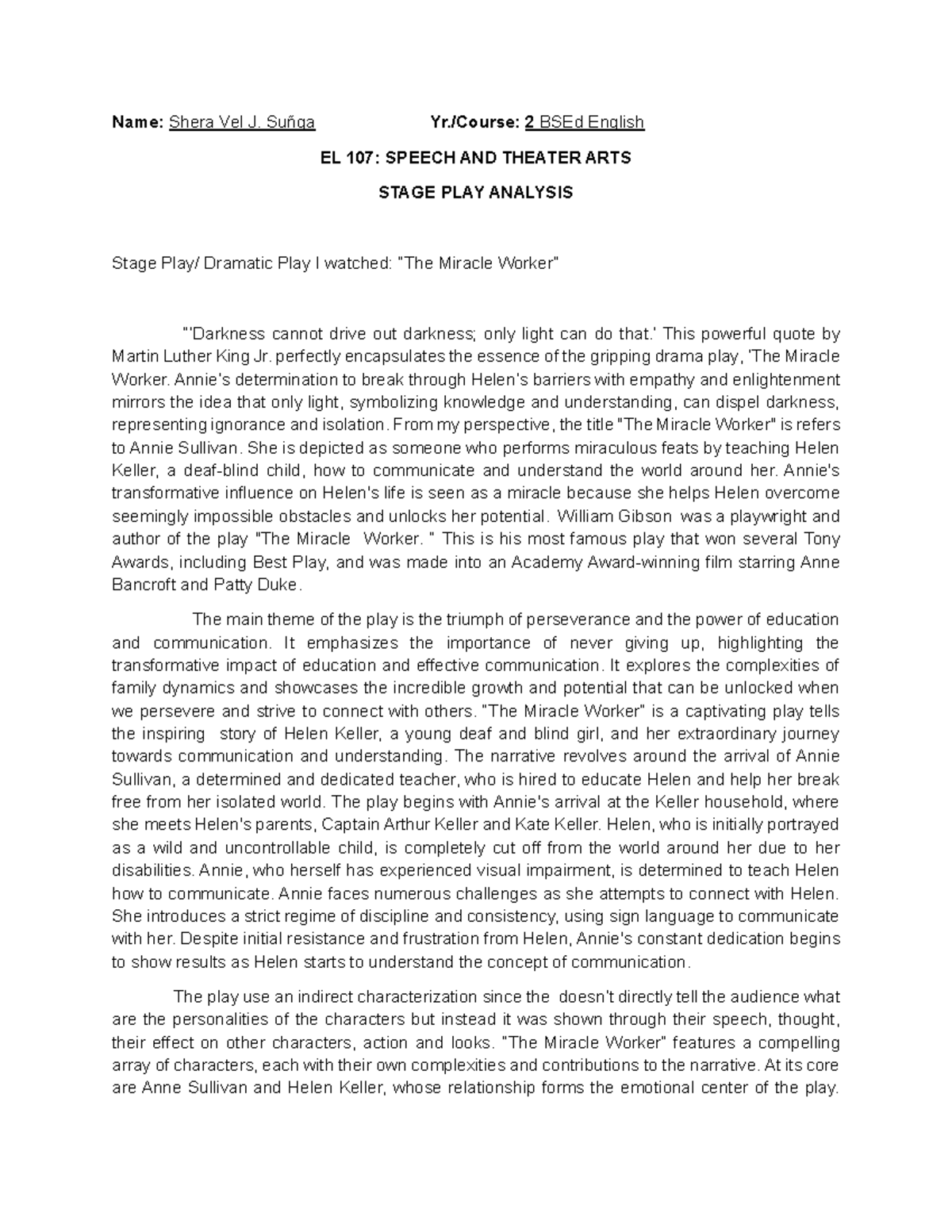 Dramatic Play Analysis Suñga Shera VEL J - Name: Shera Vel J. Suñga Yr