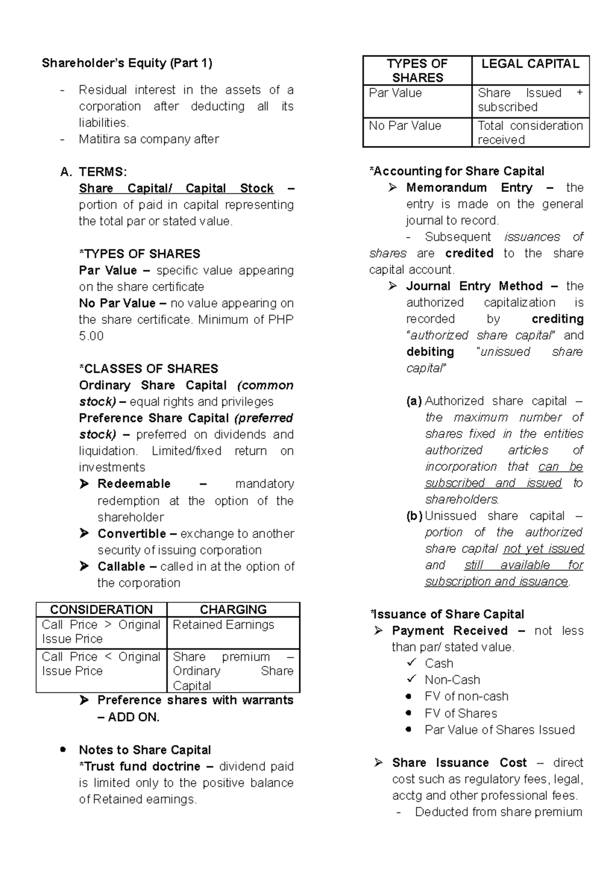 Shareholders Equity Notes - Shareholder’s Equity (Part 1) Residual ...