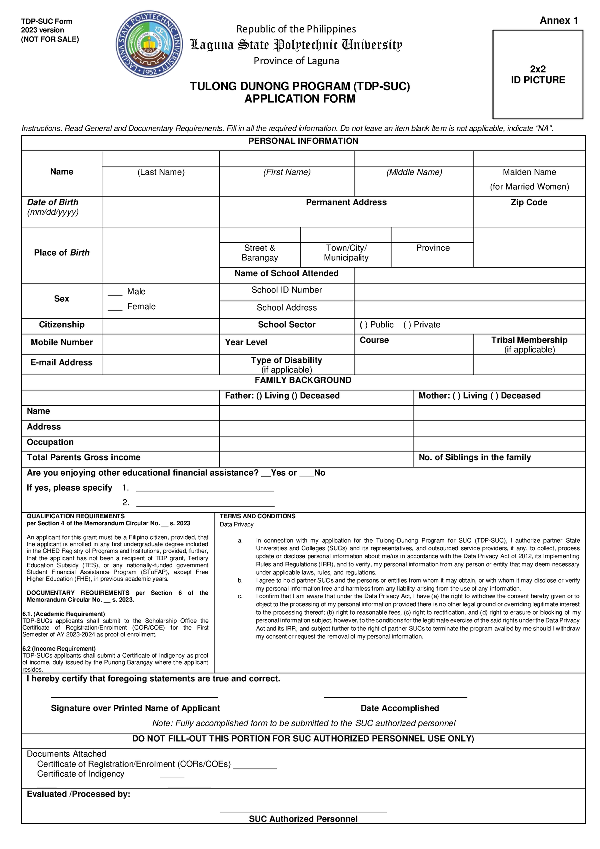 Annex 1 TDP Application Form 1 TDPSUC Form Annex 1 2023 version (NOT