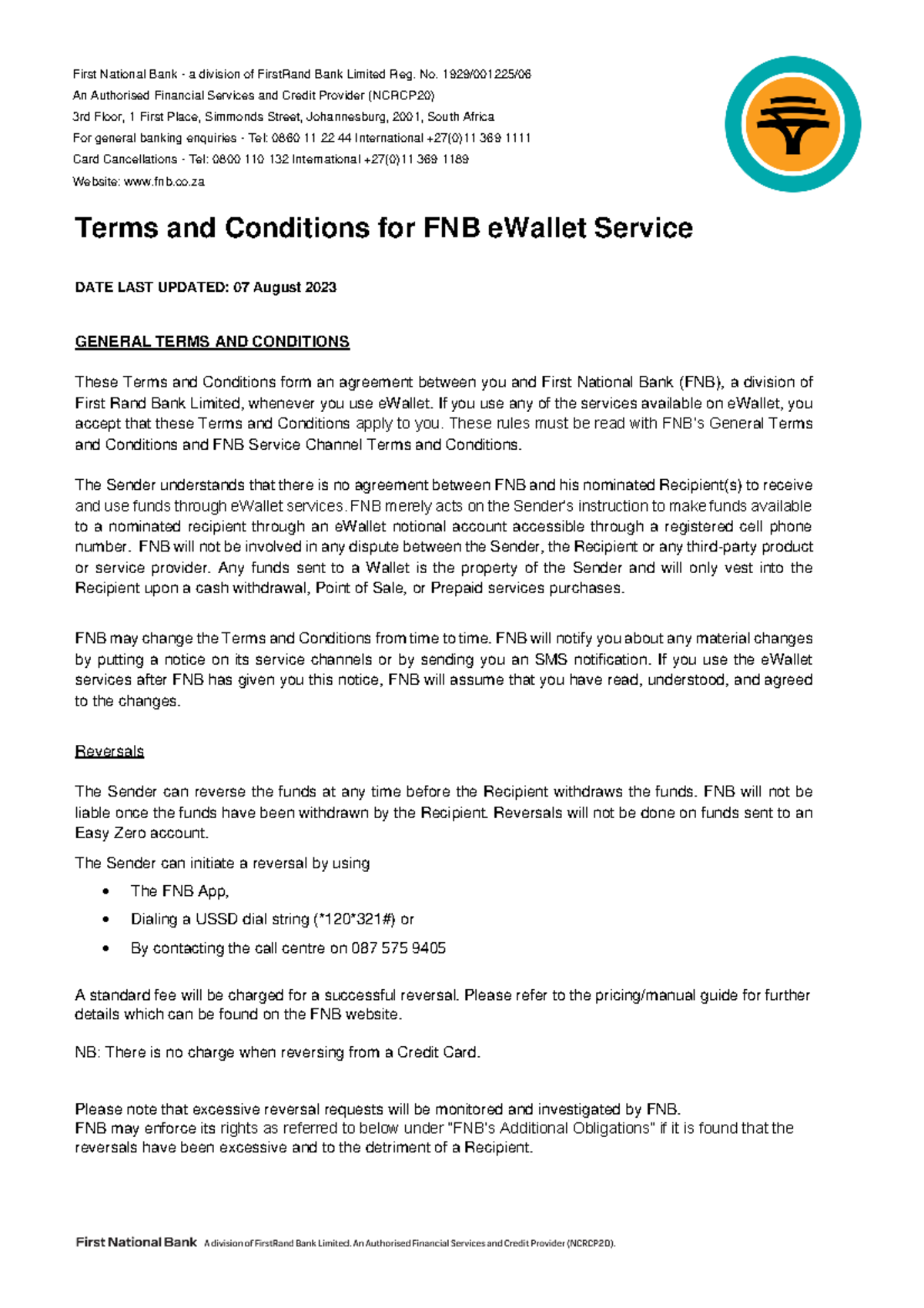 E Wallet Terms of Use - Finance Finance - Terms and Conditions for FNB ...