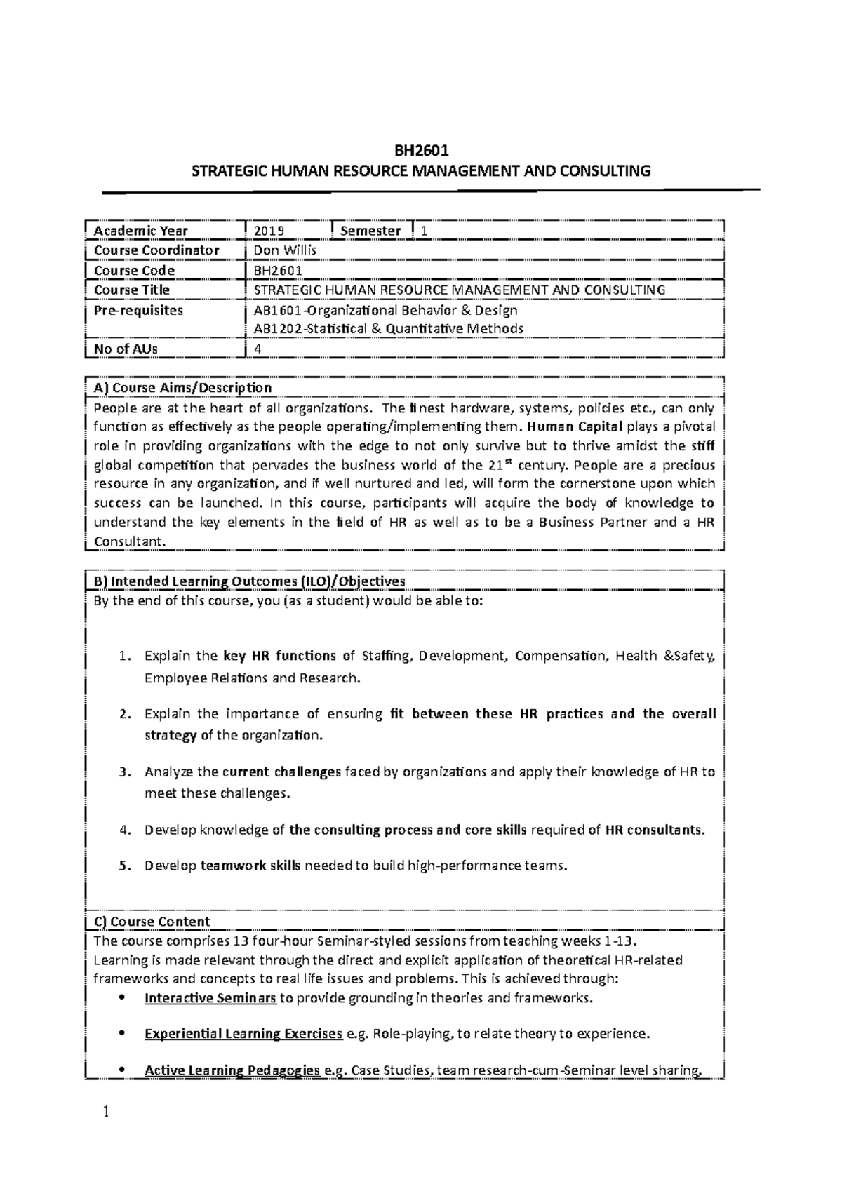 BH2601 Course Outline CAA 6 Aug 2019 - BH STRATEGIC HUMAN RESOURCE ...