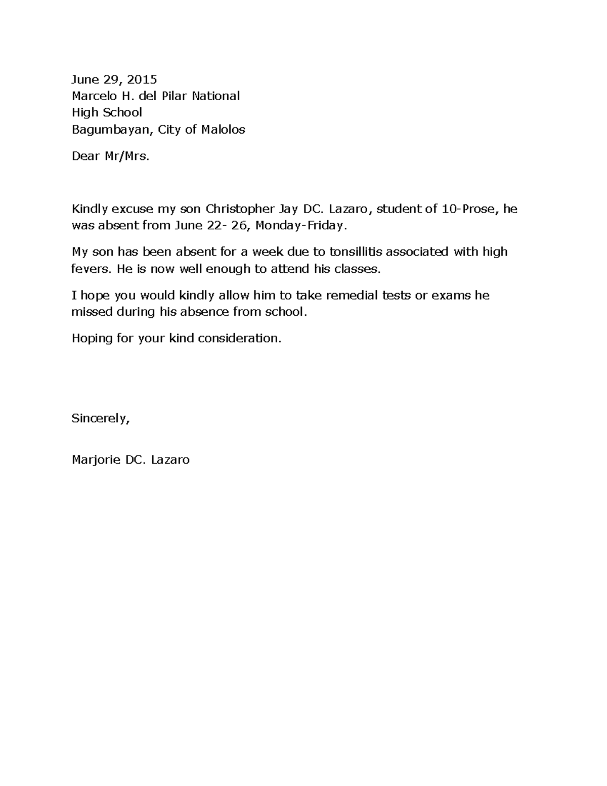 270671994-Excuse-Letter - June 29, 2015 Marcelo H. del Pilar National ...