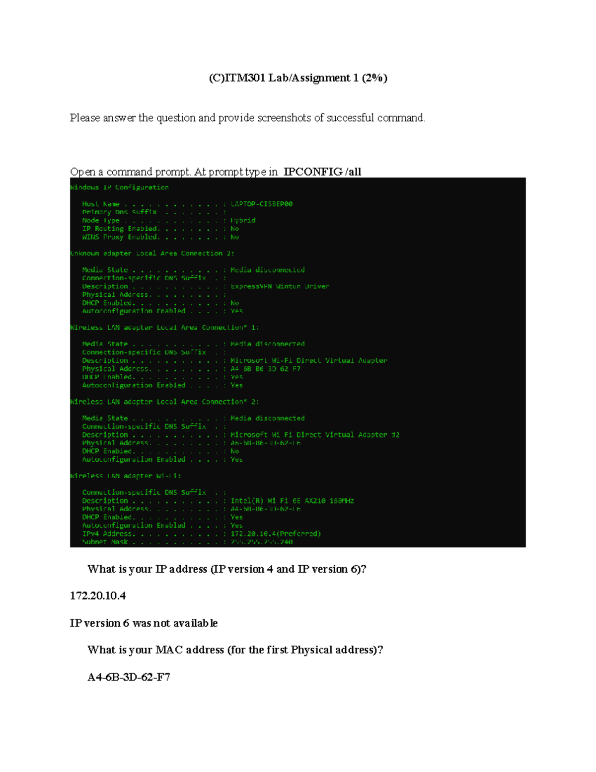 CITM301 - LAb 4 - (C)ITM301 Lab/Assignment 1 (2%) Please answer the ...