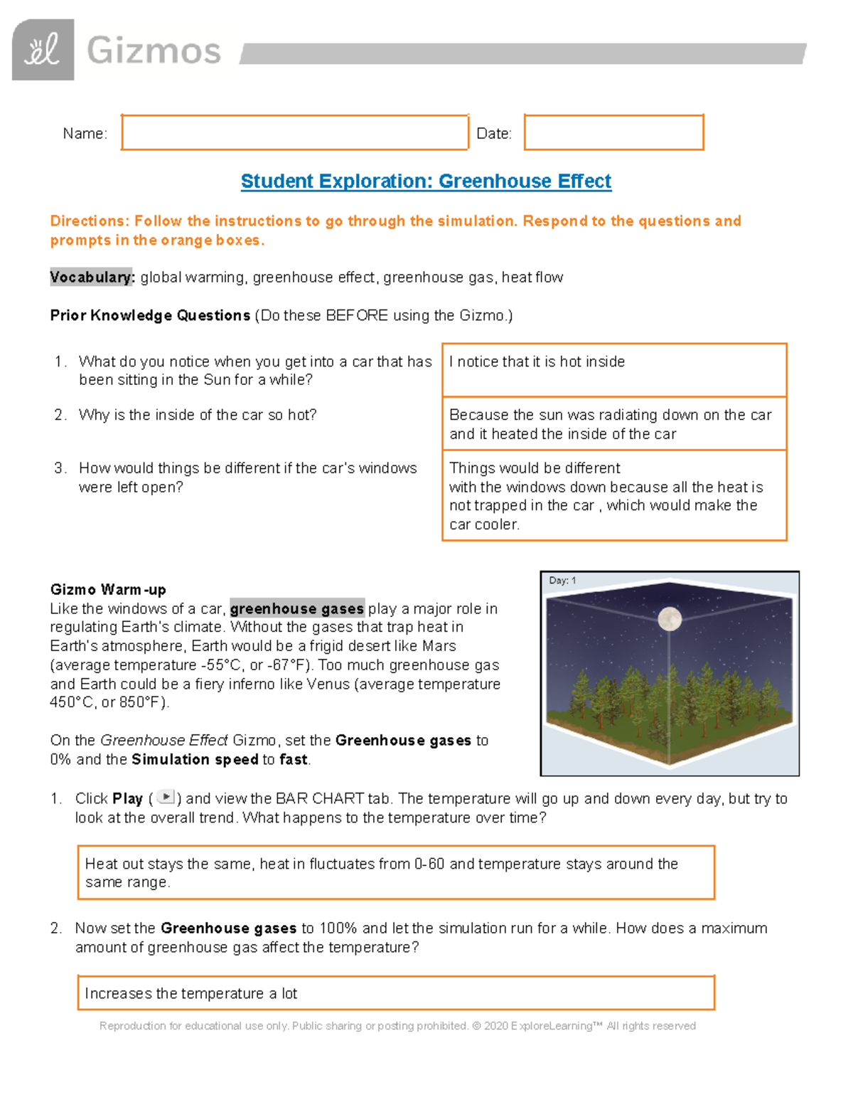 Copy Of 02 Greenhouse Effect Gizmo Name Date Student