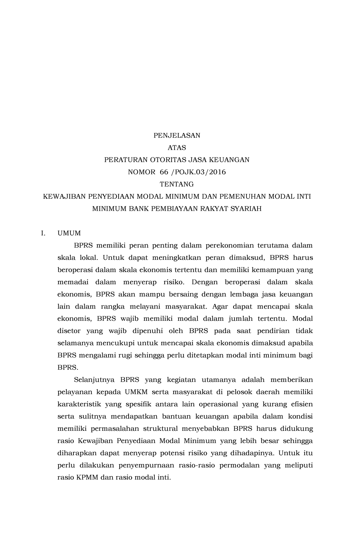 SAL - POJK KPMM BPRS Penjelasan - PENJELASAN ATAS PERATURAN OTORITAS ...