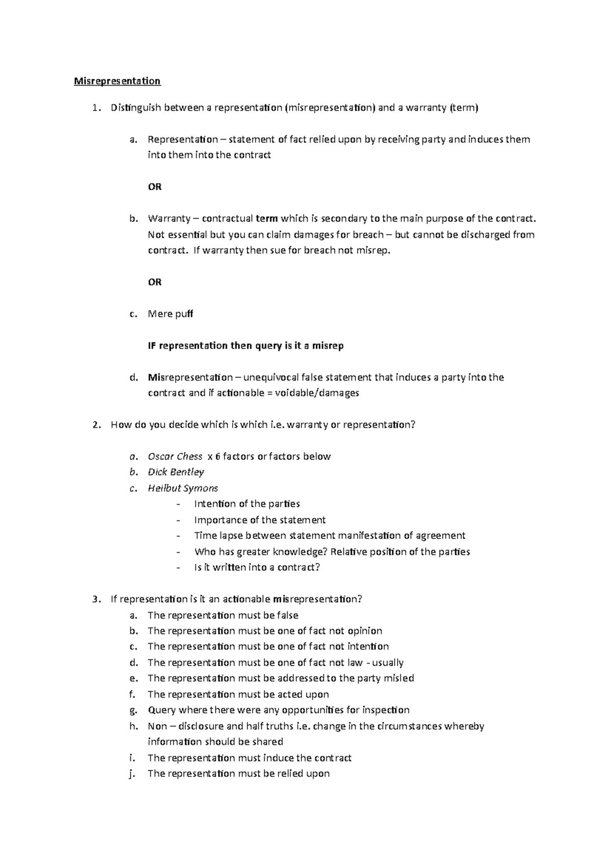 Misrepresentation Checklist 2020/2021 - Misrepresentation Distinguish ...