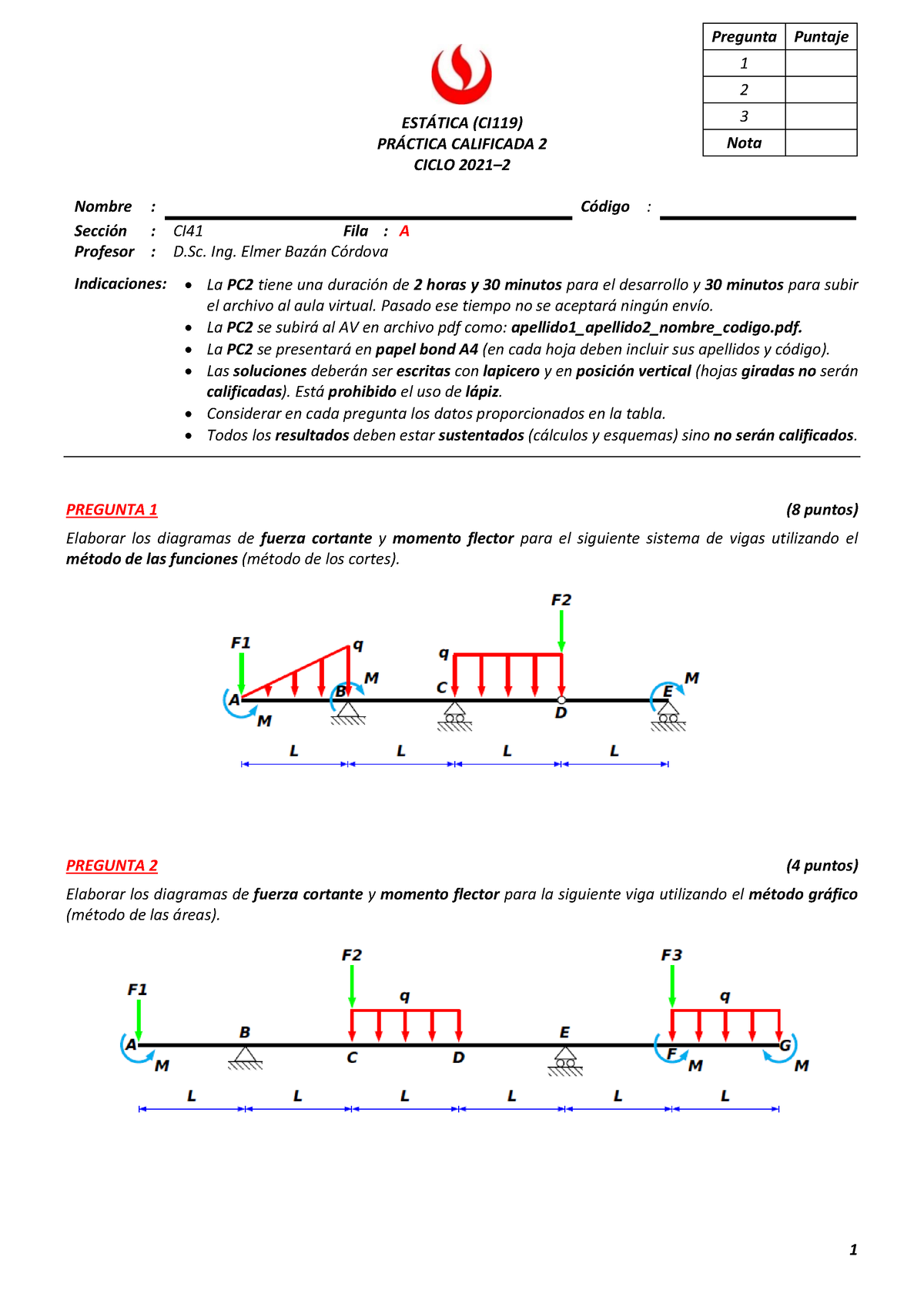 PC2 CI41 Estática 2021 02 FILA A - 1 ESTÁTICA (CI119) PRÁCTICA ...