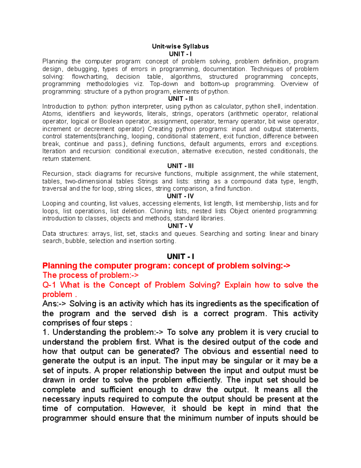 Unit-1 python 4 BCA English Edition - Unit-wise Syllabus UNIT - I ...