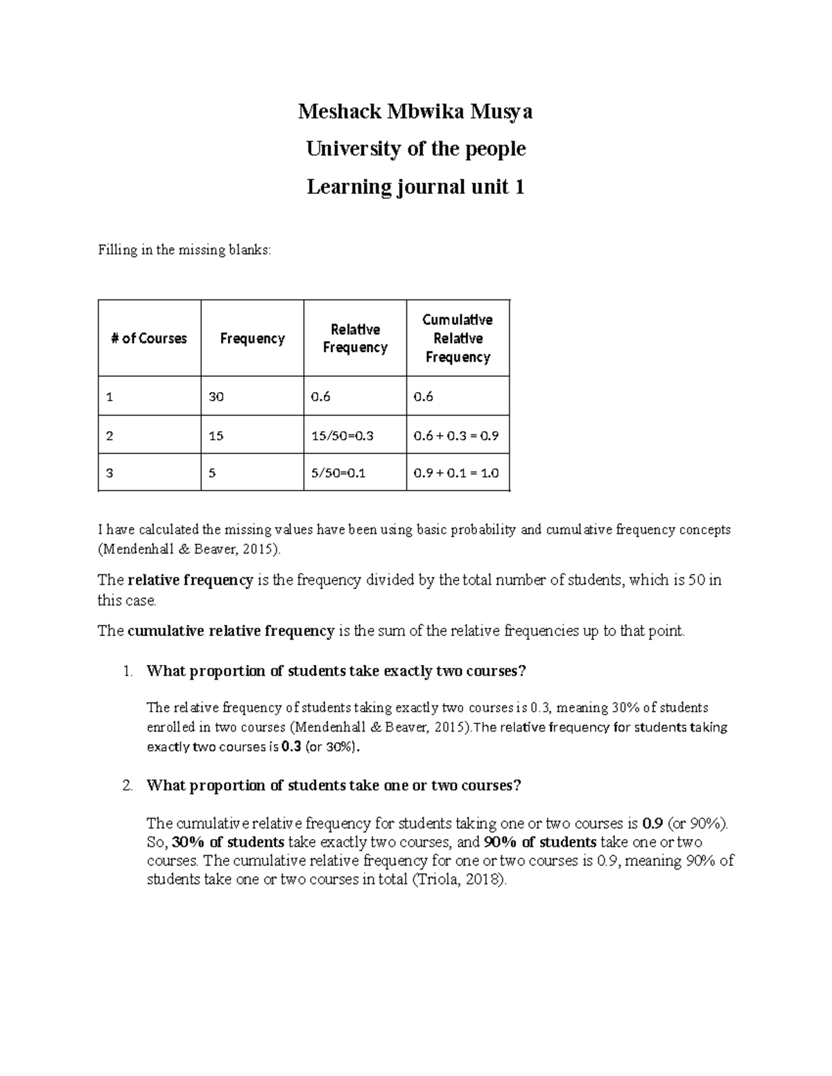 Statistics unit 1 - assignment - Meshack Mbwika Musya University of the ...