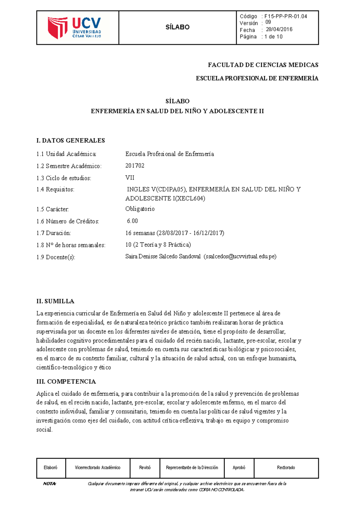 Silabo - Silabus De Curso - Versión : Fecha : Página : 1 De 10 SÍLABO ...