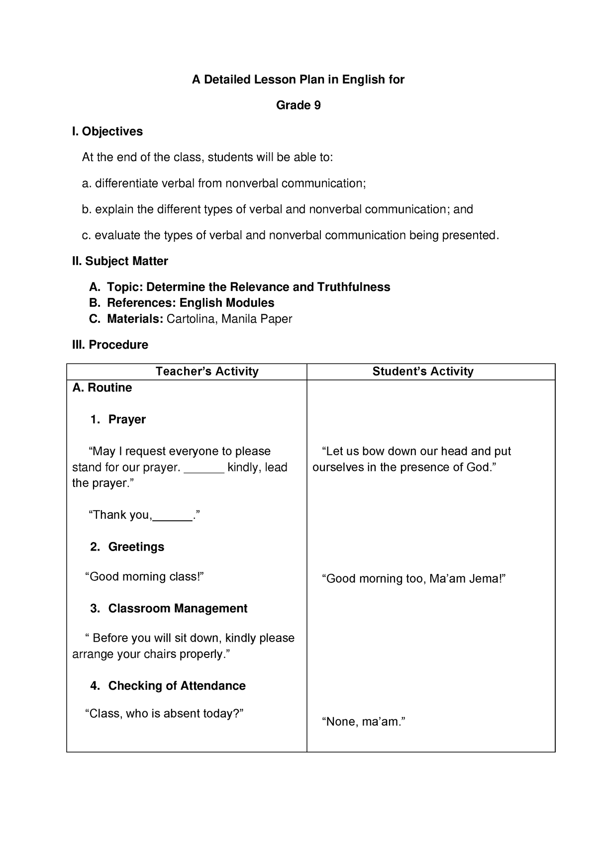 DLP Verbal AND Nonverbal Communication 2 - A Detailed Lesson Plan In ...