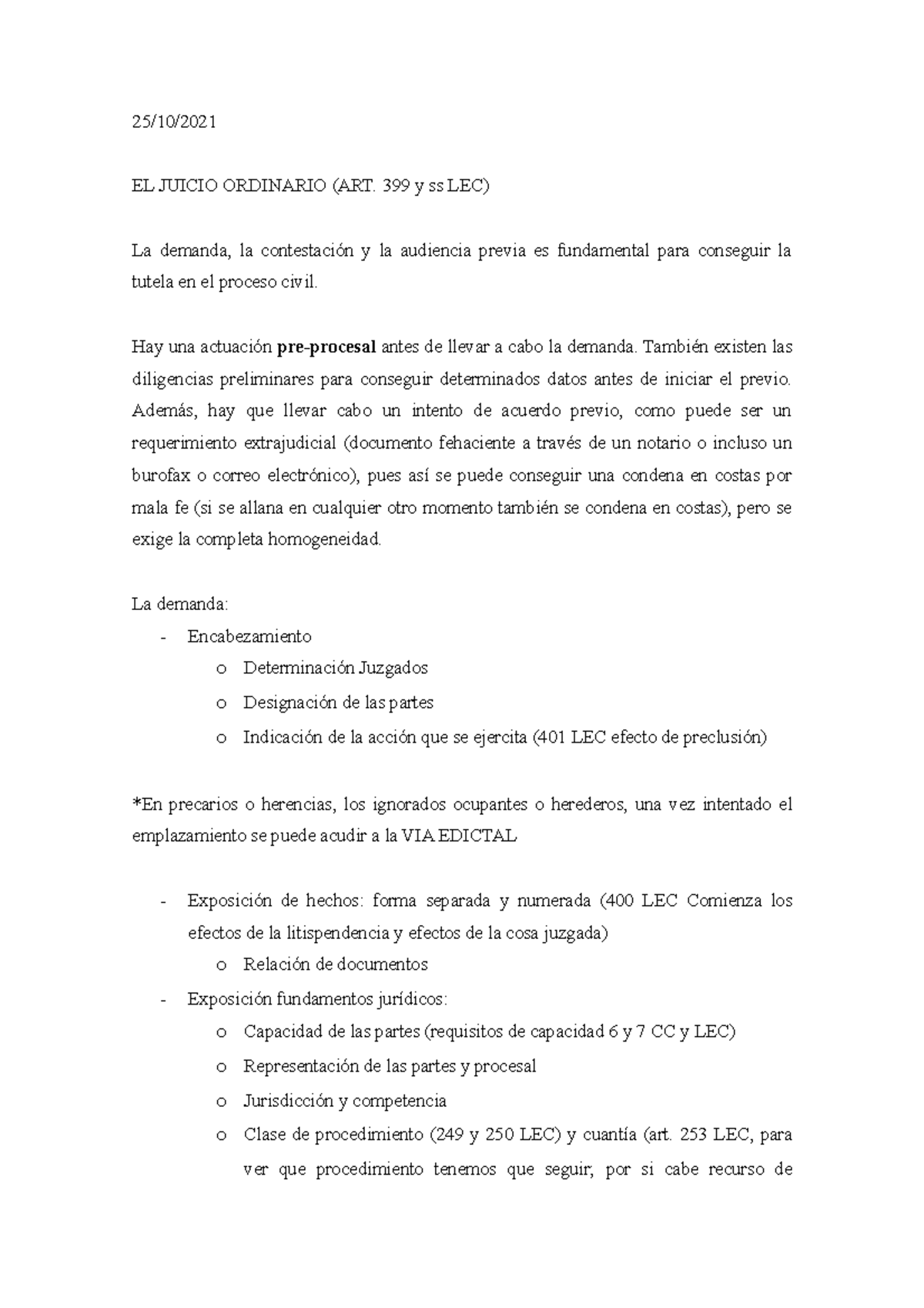 Juicio Ordinario Procedimiento declarativo procesal civil - 25/10/ EL