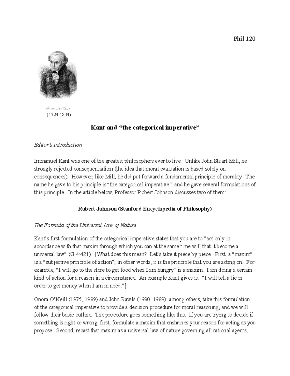 Kant S Categorical Imperative Phil 1 1724 1804 Kant And The Categorical Imperative Editor S Studocu