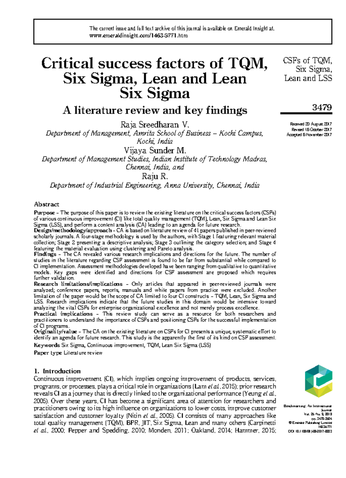 Lean six sigma - Critical success factors of TQM, Six Sigma, Lean and ...