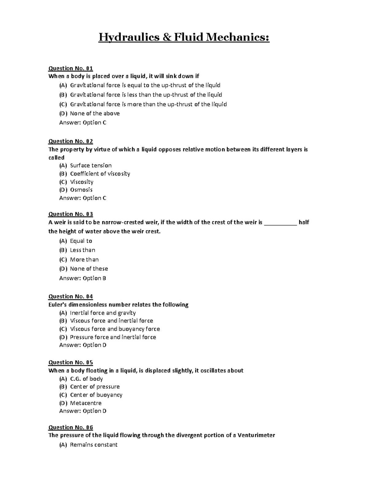 Fluid mechanics mcq Hydraulics & Fluid Mechanics Question No. 01